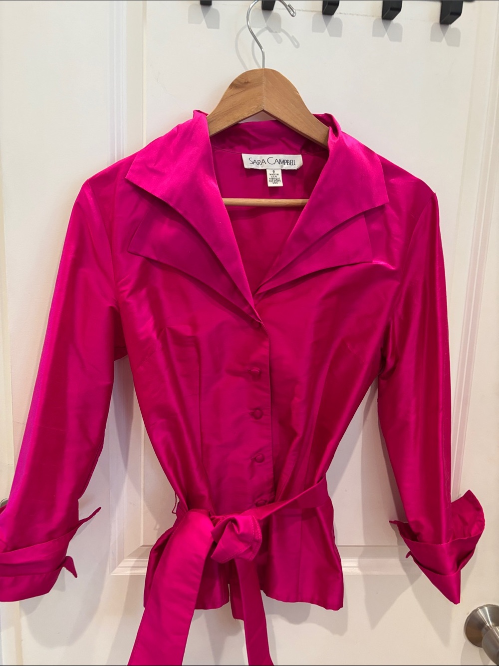 Sara Campbell Hot Pink Satin Button-Down Blouse with Waist Tie
